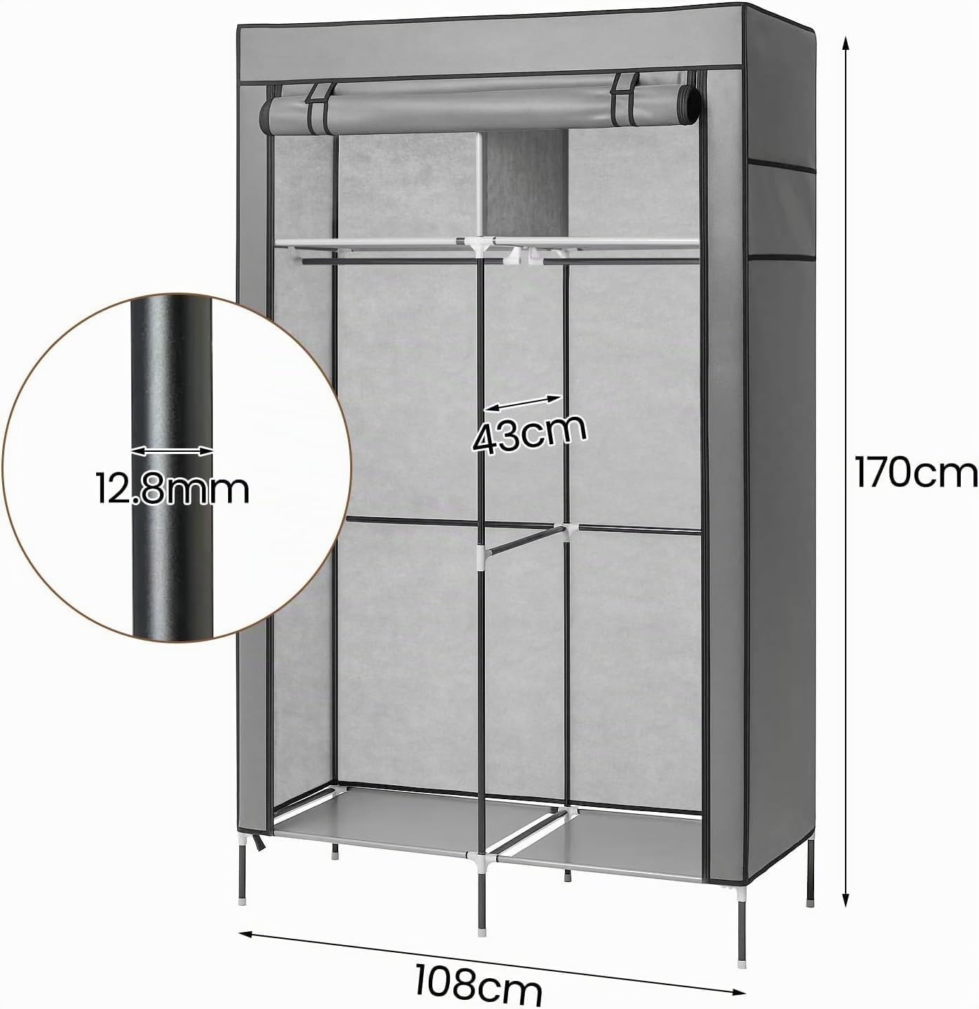 Faltbarer Stoffkleiderschrank – Textilschrank mit Metallrahmen, Kleiderstange, Ablagen & Seitentasche – Platzsparende Aufbewahrung & Garderobe für Schlafzimmer (Maus Grau)