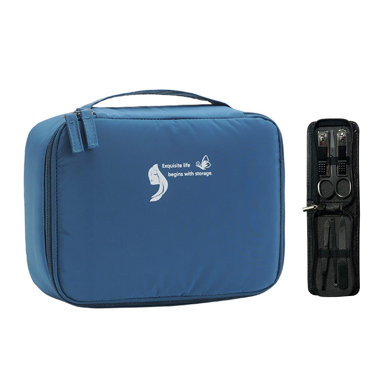 Yooumoga Makeup Bag Cosmetic Bag with adjustable divider Brush Bags make up organizer，Hanging Travel Toiletry Bag with Nail Clippers Set for Women Travel (Blue), Blue, Fashion