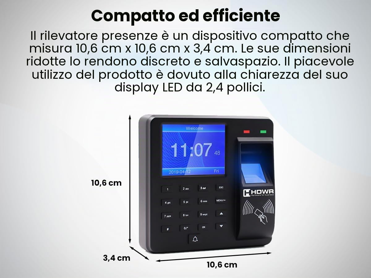 HDWR CTR10 Macchina di Registrazione, Sistema Avanzato di Rilevazione delle Presenze - Biometrico, RFID, Verifica con Password - 1000 Dipendenti, Controllo degli Accessi