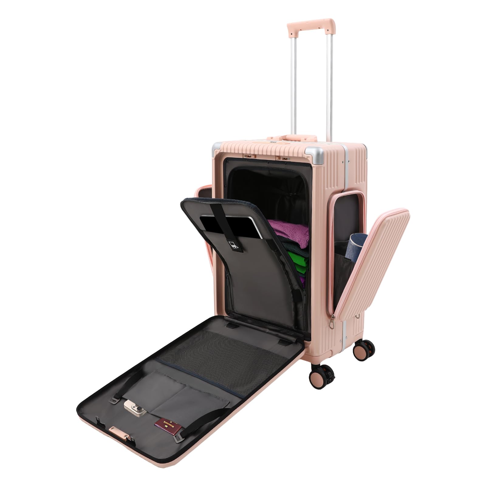 Walizka podróżna z twardą obudową 24", z poliwęglanu i aluminium, walizka podróżna z otworem z przodu, kieszeń na laptopa 17", złącze USB i typ C, uchwyt na napoje, zamek szyfrowy TSA, 4 kółka z