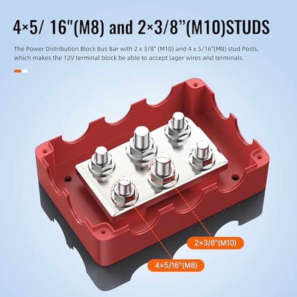 500A Distributore di corrente impermeabile in rame Busbar per auto Marine RV - Blocco di distribuzione 48V DC con per porte m10 M8 sicuro 135x107mm (nero)