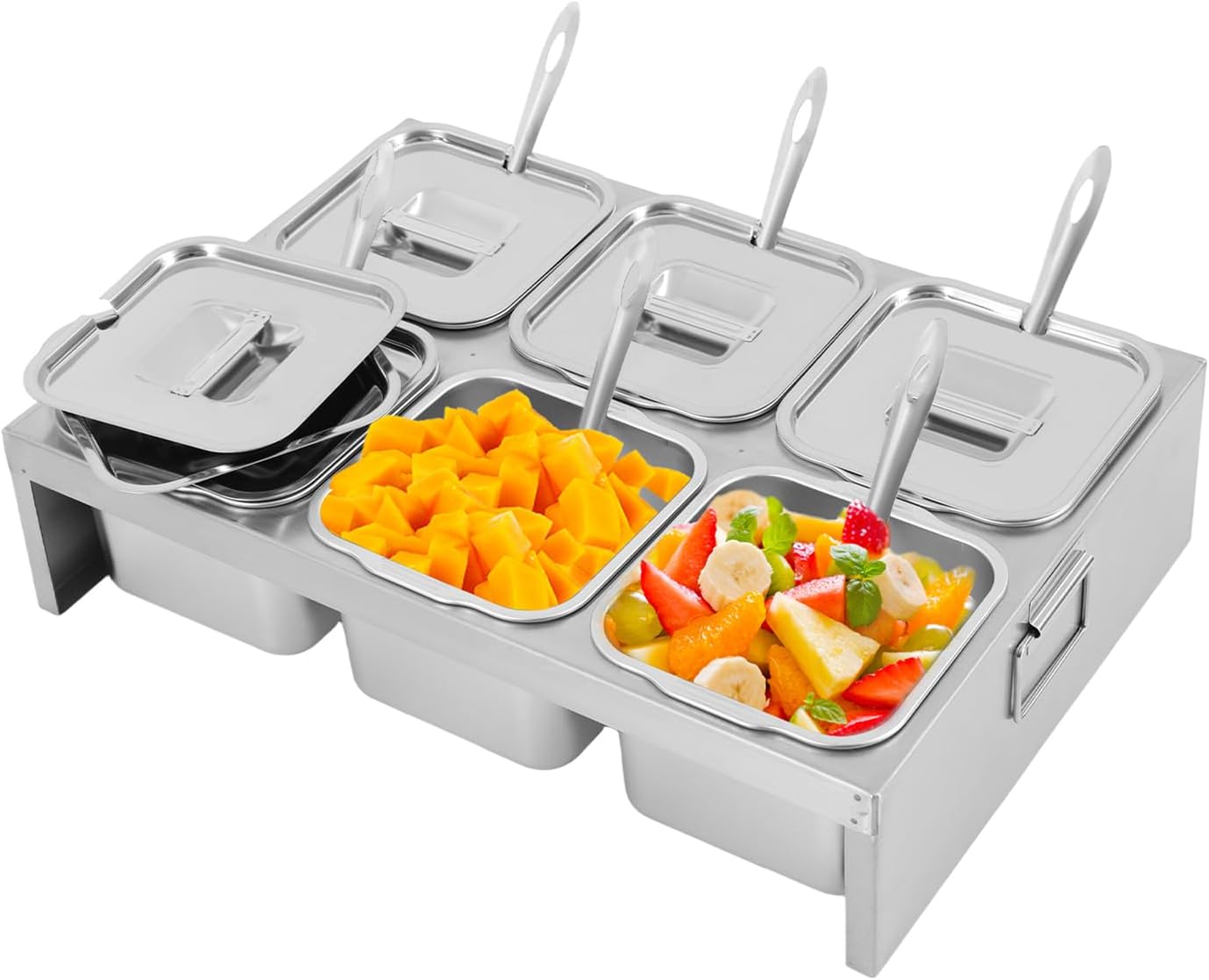 6-Container Pizza Topping Station, Stainless Steel Condiment Containers with Lids & Spoons, Seasoning Organizer Box for Ingredients Sauce Salad Jam Fruits