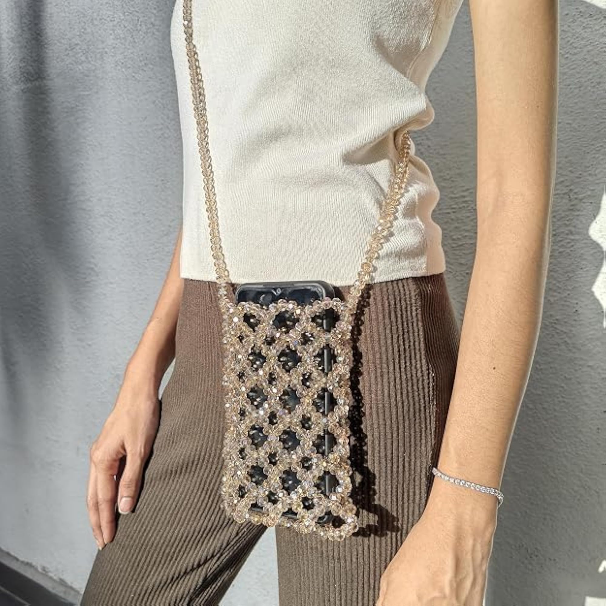 Handmade Crystal Beaded Crossbody Bag for Women, Beige