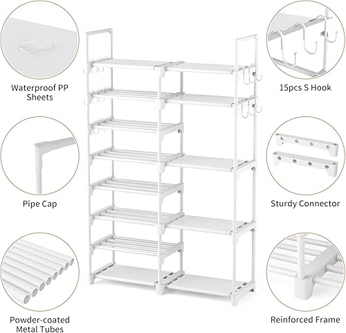 Miniatura 5 de ROJASOP Organizador de zapatos, zapatero de metal de 8 niveles para armario, entrada, garaje, 26-32 pares de estantes altos de almacenamiento para