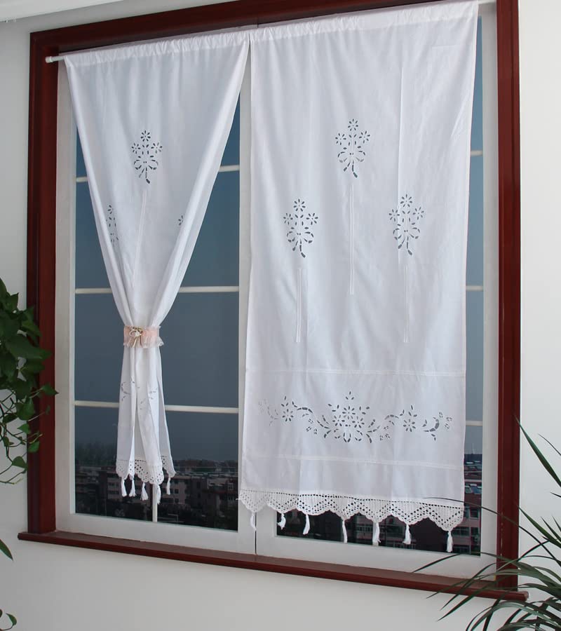 Yulakes Rideau brise-bise en lin et coton brodé - Blanc - Pour cuisine et salle à manger - Avec crochet et pompon - 70 x 150 cm - 1 pièce