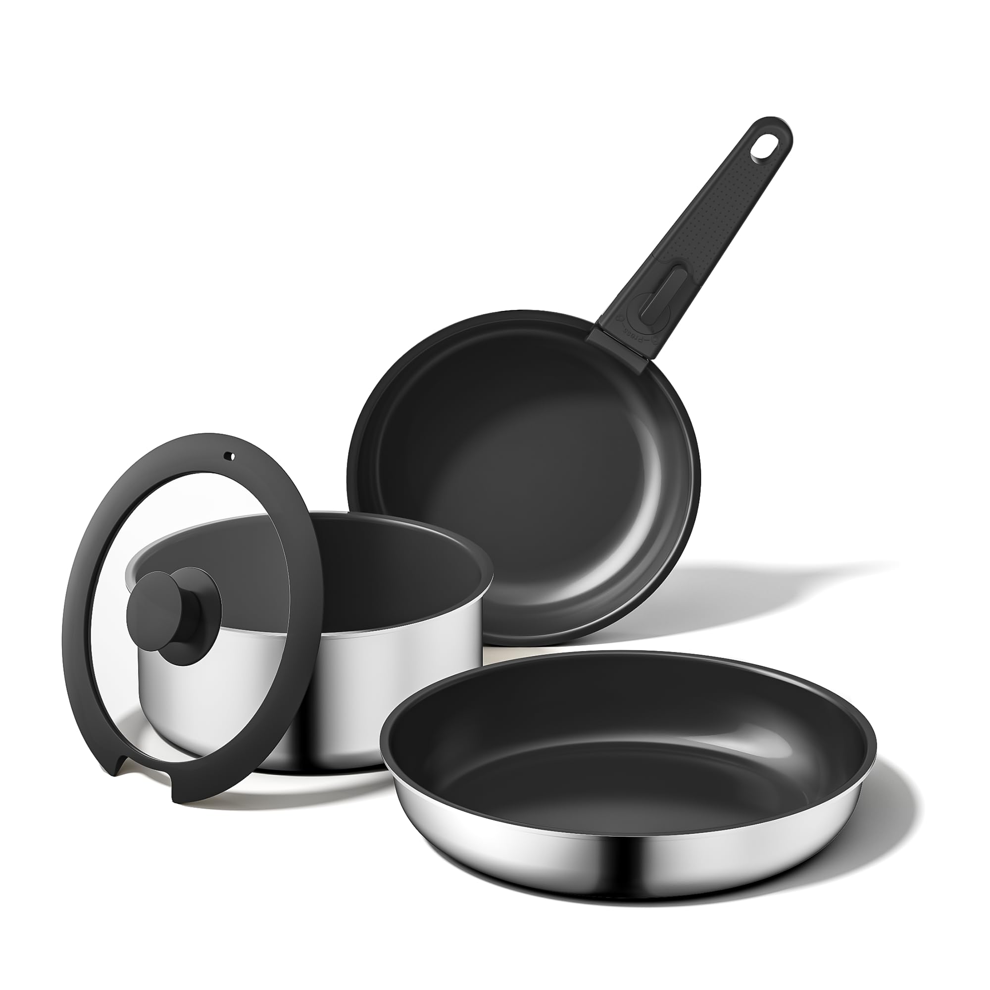 naturepan 5 PCS Ceramic Cookware Set, Stainless Steel Exterior Pots and Pans Set Non Stick, 10x More Durable Super Ceramic Coating, for Induction Hob Pan Set (Black)