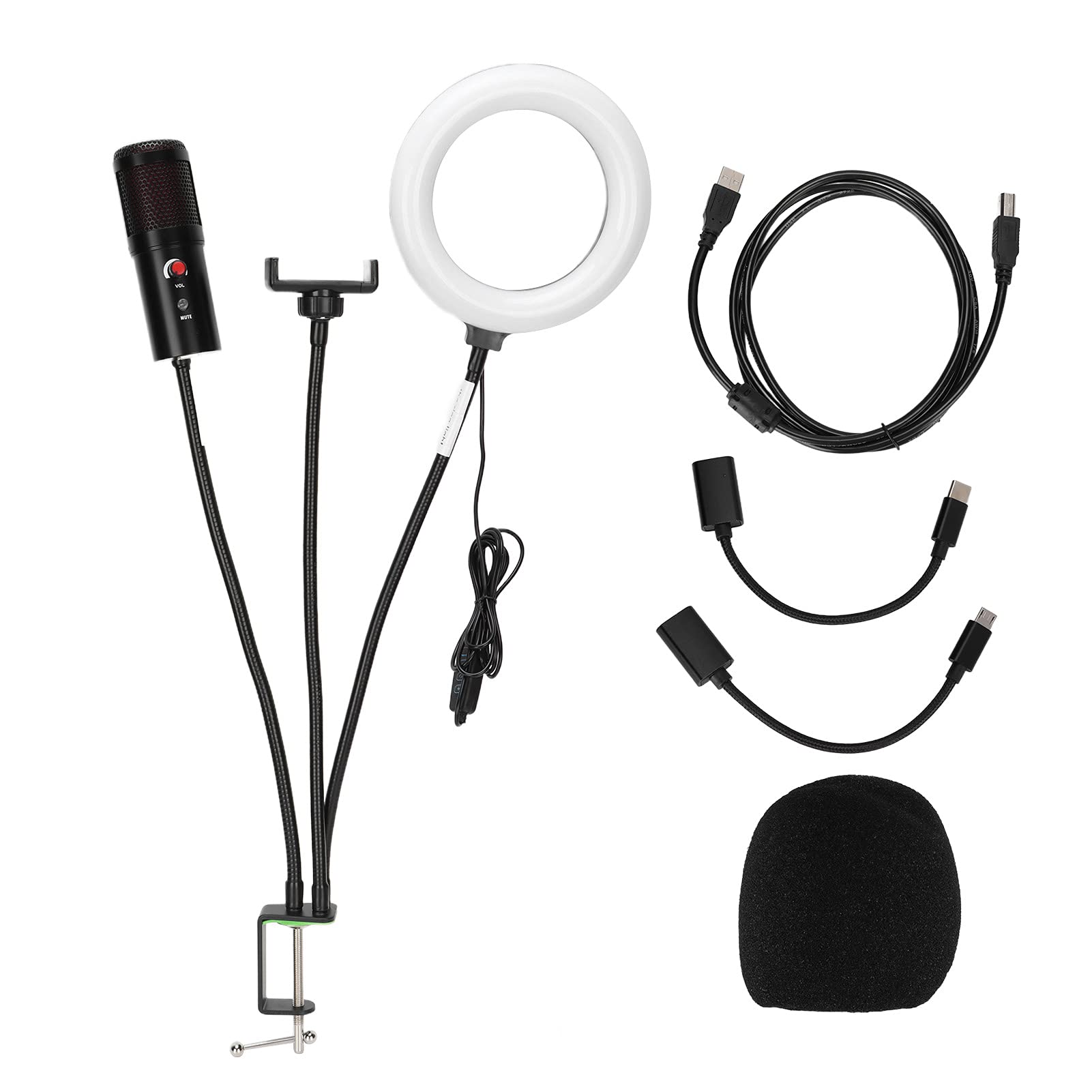 Micrófono USB de Estudio, Luz de Relleno RGB, Kit de Micrófono de Condensador Cardioide para Grabar Canto, Equipo de Podcast para Transmisión de PC, Material de Cabezal ABSSound (A6S con