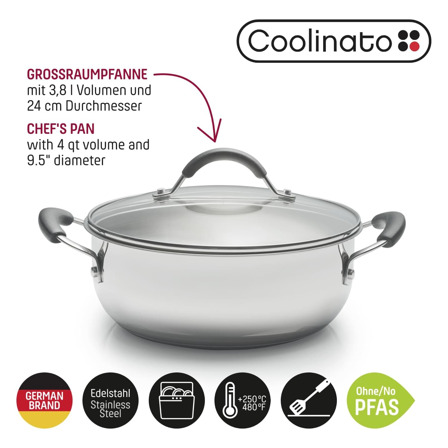 Coolinato - Edelstahl Schmortopf 24 cm mit Silikongriffen & Glasdeckel – Schmorpfanne mit 3,8 l Volumen – Für alle Herdarten, Induktionsgeeignet & backofenfest– 2 Lagen Sandwichboden mit Alu-Kern