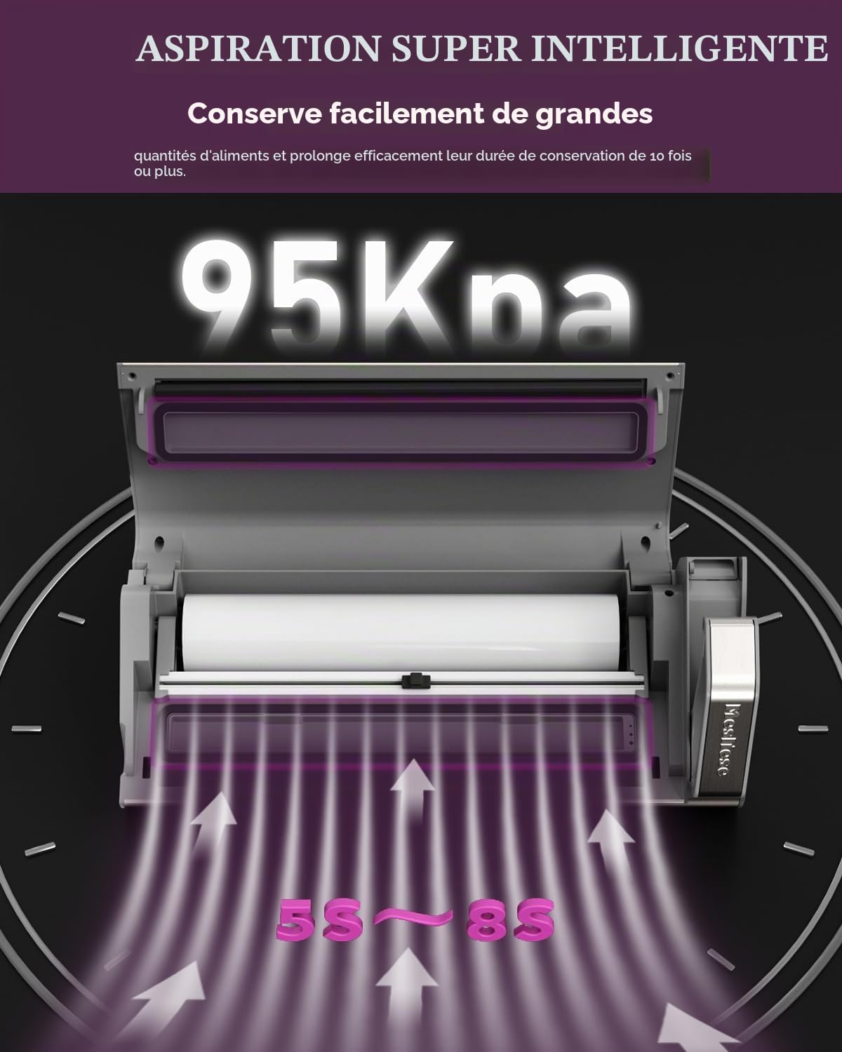 Machine à emballer sous vide Mesliese, 95 kPa 120 W, à main, double étanchéité avec cutter intégré, affichage compte-rebours, 2 rouleaux sacs, 5 sacs prédécoupés