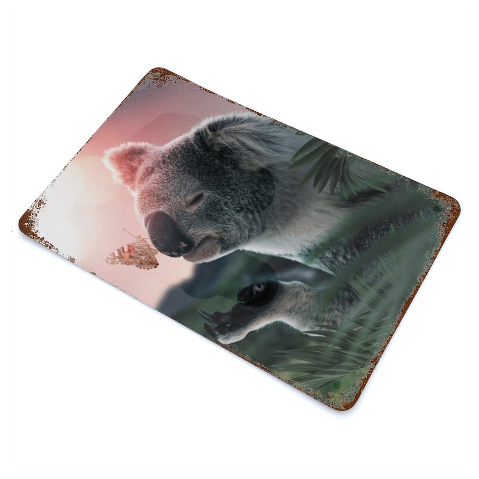 Rust Effect The Koala And Butterfly Weathered Tin Sign 11.8"x7.9", Classic Wall Plaque for Living Room, Hallway And Home Decor