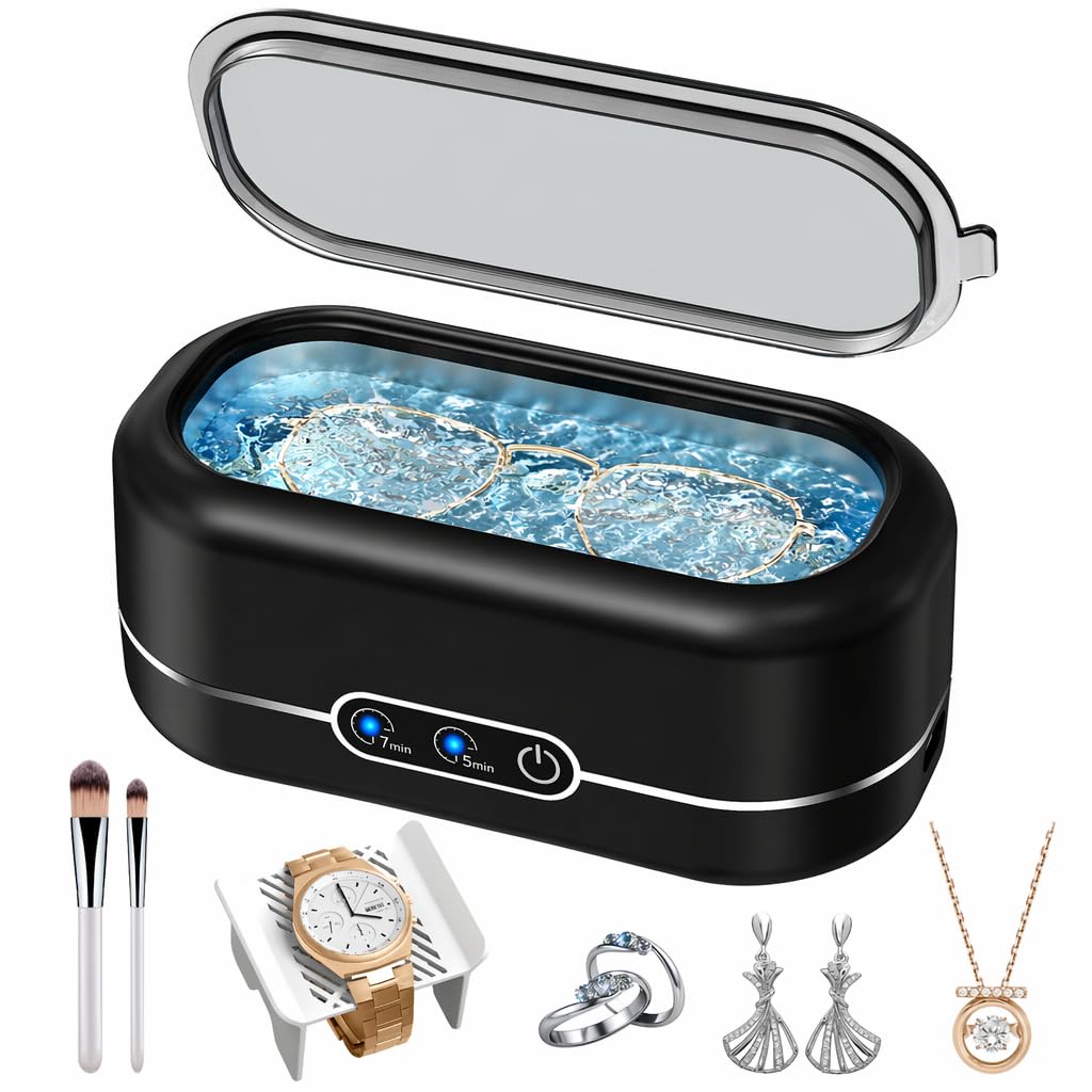 Miorcols Limpiador ultrasónico de joyas, máquina de limpieza ultrasónica de 48 kHz para joyas, gafas, anillos, titulares, correa de reloj, dentaduras postizas, acero inoxidable 304, cápsula de