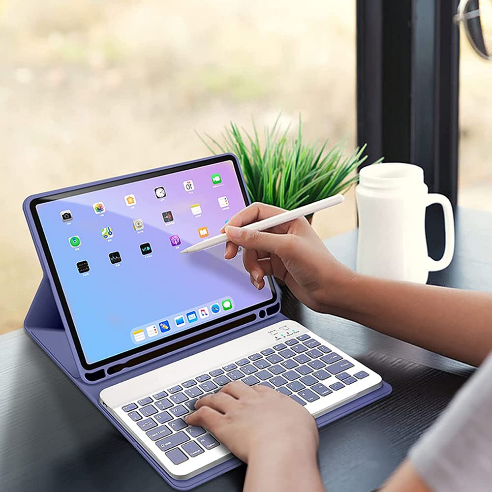 Clavier Étui pour iPad Mini 1/2/3, [AZERTY Français] Etui de Protection Housse en Cuir PU avec Clé de Couleur Clavier sans Fil Amovible pour iPad Mini 1 2 3, avec Porte-Crayon, Lavande