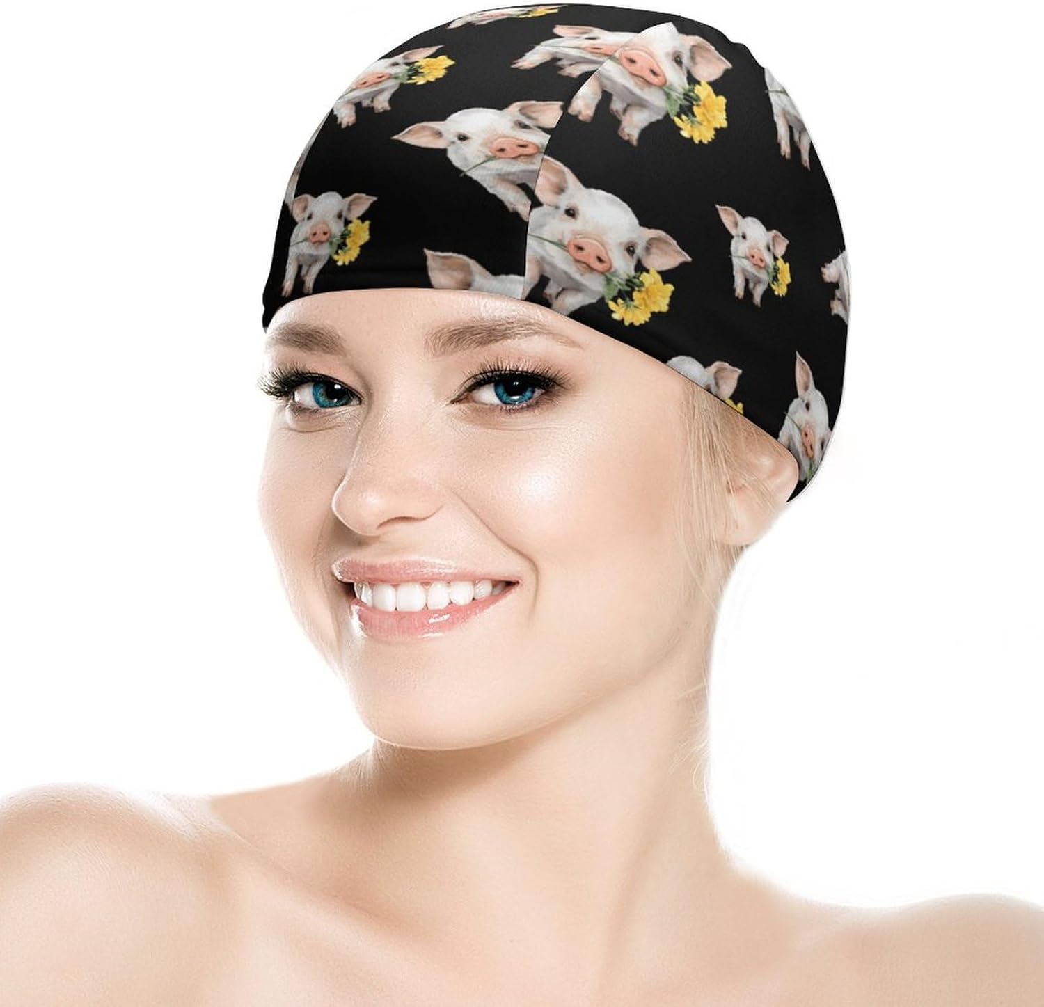 Pigs Holding Yellow Flower Womens Swim Cap for Men Adult Swimming Hat Curly Short Medium Long Hair