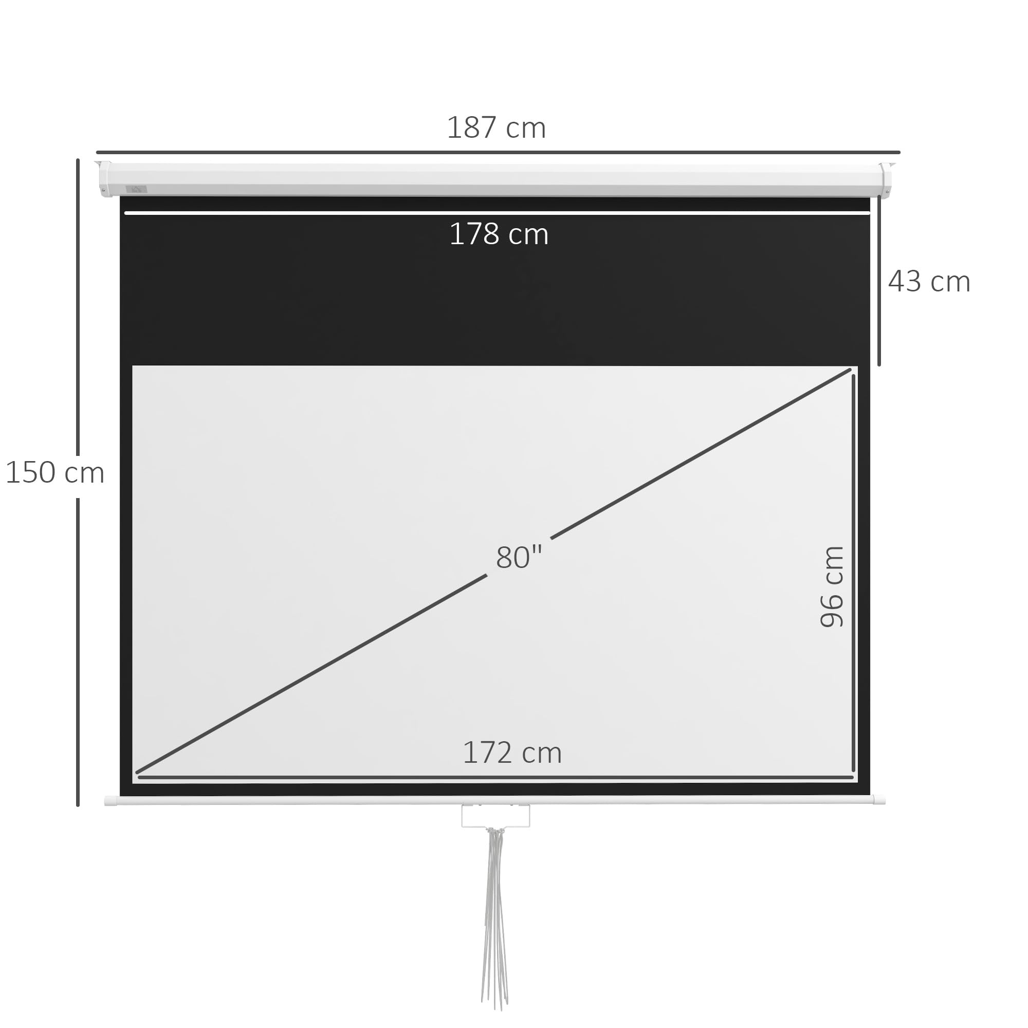 HOMCOM Telo Proiettore da 80 Pollici 4K HD Formato 16:9, Altezza Regolabile Manuale, Schermo Proiettore, Grandangolo di 160 Gradi, Telo Videoproiettore per Casa, Home, Cinema, Ufficio, Esterno, Bianco