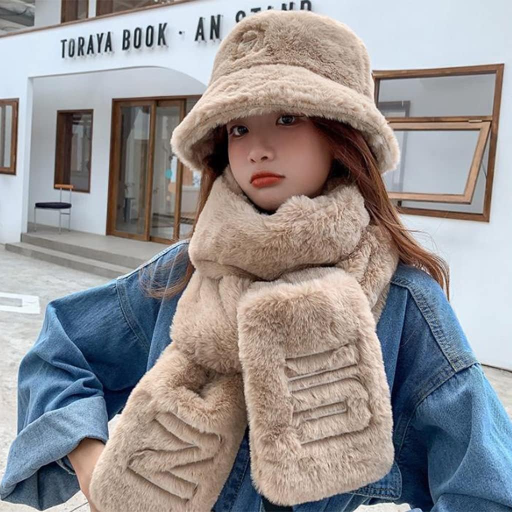 Scarf,Beanie Gloves Scarf Set Cute Bucket Hats For Teens Girls Fuzzy Bucket Hat Fisherman Hat Lady Winter Warm Scarf(Black)