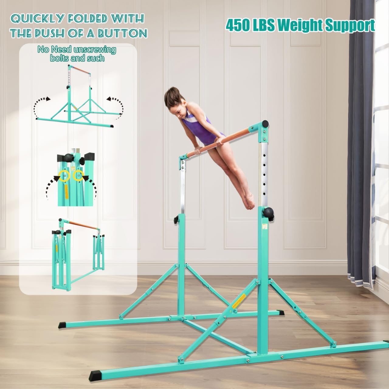 Barra da ginnastica senza oscillazione, base lunga 1,8 m, per bambini, super facile da piegare, barra per ginnastica regolabile, per bambini