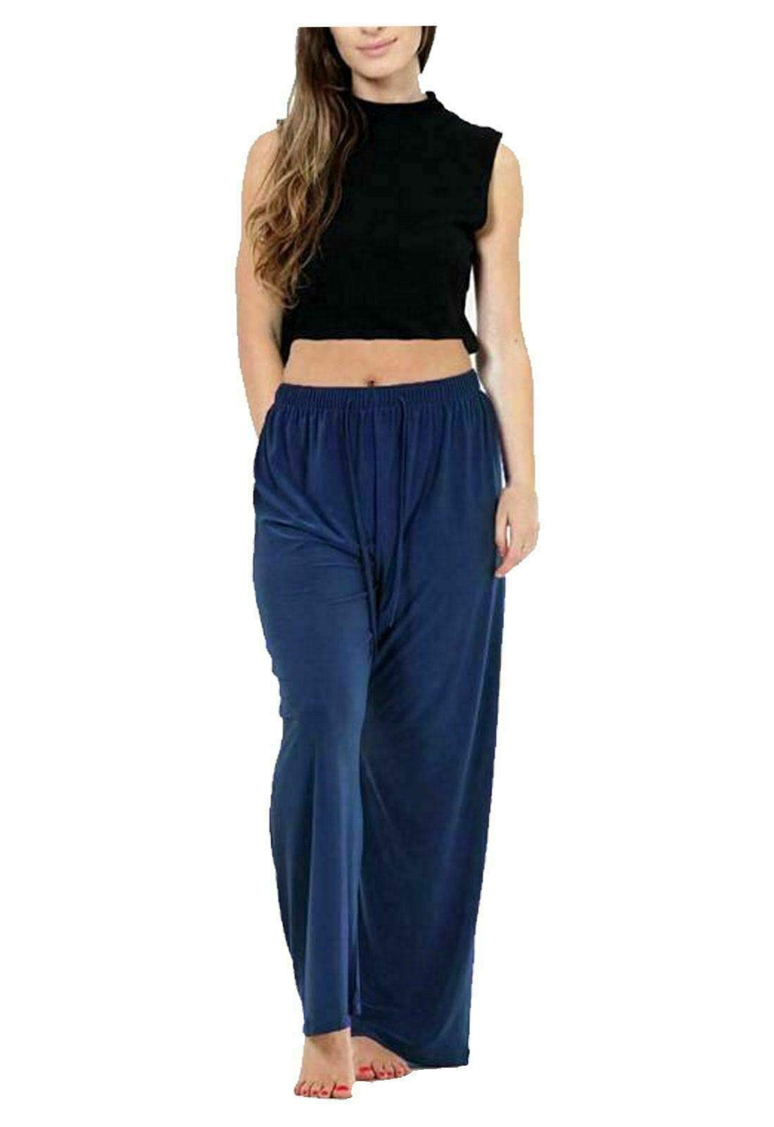 Fairy Trendz Ltd Women's Navy Ity Palazzo Wide Leg Flared Loose Fit Drawstring Baggy Pants Plus Size Plain Trousers( Uk 22-24)