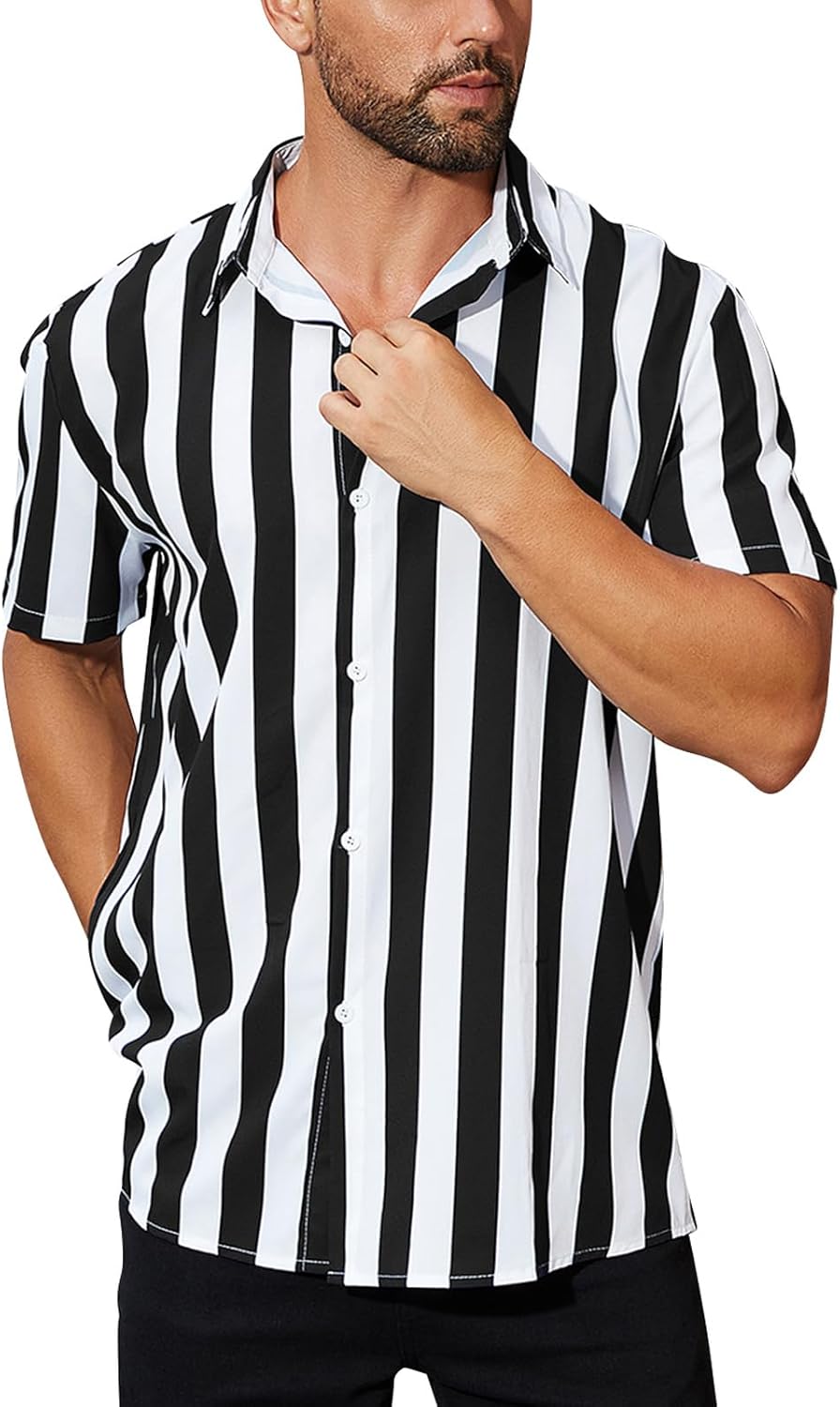 OLEMEK Men's Casual Shirts Short Sleeve Button Down Shirt Summer Beach Hawaiian Striped Shirt