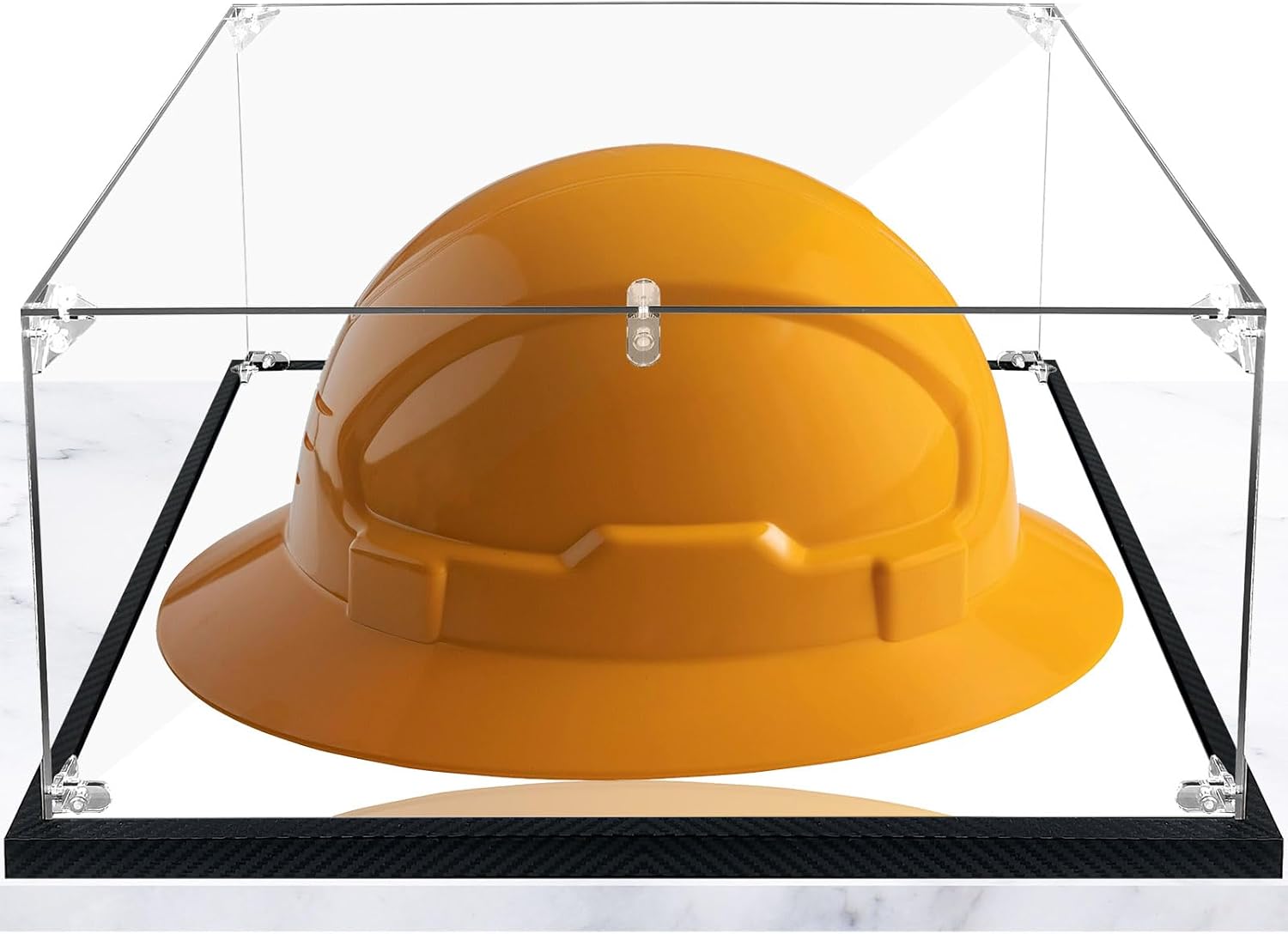 Clear Full Brim Hard Hats Display Case Acrylic Large Helmet Shadow Boxes Large Rectangle Box Shoes Sneakers Box UV Protection Memorabilia Collectibles Showcase with Mirror & Carbon Fiber Skin Base