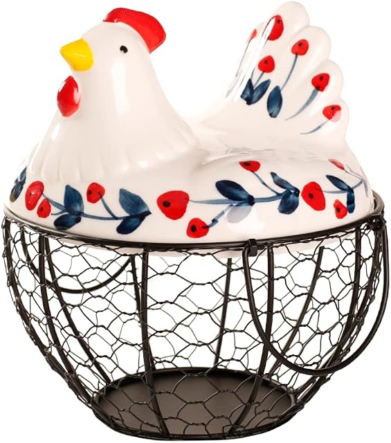 Chicken Design Ceramic Egg Storage Basket Iron Basket Holds 20-25 Eggs, Egg Holder, Organizer Case, Container Egg Basket Holder