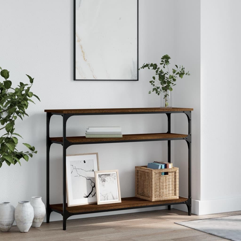 SXZenSpace Console Table Brown Oak 100x29x75 cm Engineered Wood with Metal Frame Slim Hallway Sofa Side Accent for Living Room Corridor Bedroom