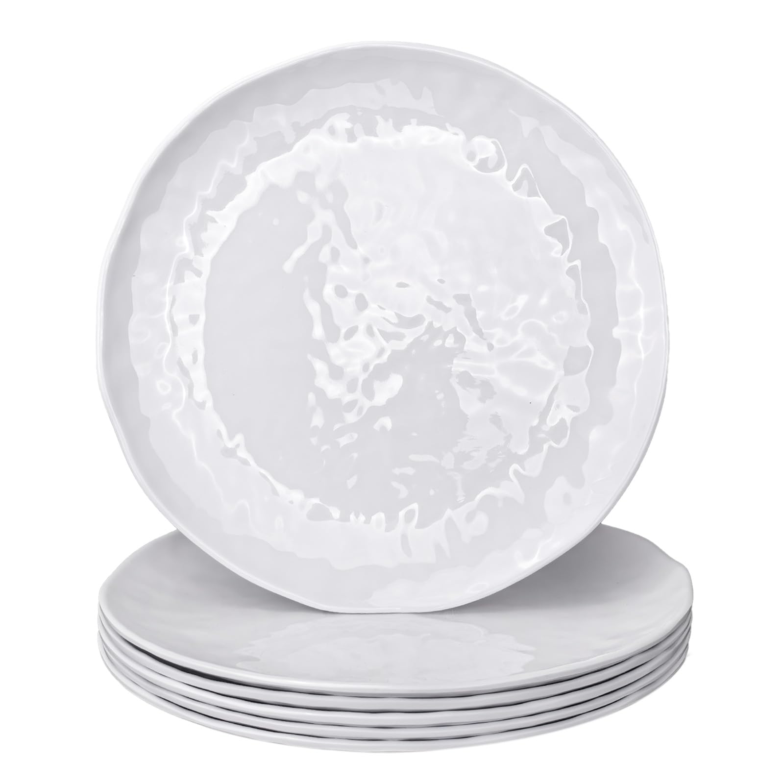 Lot de 6 assiettes rondes en mélamine 100 % mélamine, 25,4 cm, assiettes à salade et pique-nique pour fête à la maison, résistantes aux chocs et légères, finition martelée, sans BPA