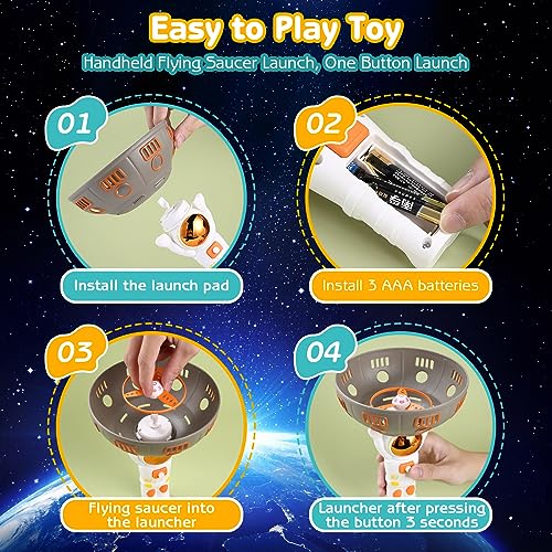 Outdoor Toys for Kids Ages 4-8 - Flying Disc Launcher Toy, LED Astronaut Play Toys with Sounds, 2&1 Flying Saucer Mode and Spinning Top Mode Flying Toys, Birthday Gift for 3-8 Year Old Boys Girls - Thumbnail 4