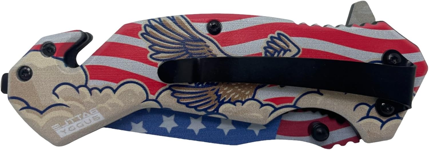 Hunting Knife - American Patriotic Camping Knife - America Folding Pocket Knife - 420 Stainless Steel With Cool Design & American Flag Knives Artwork For Collectors & Enthusiasts