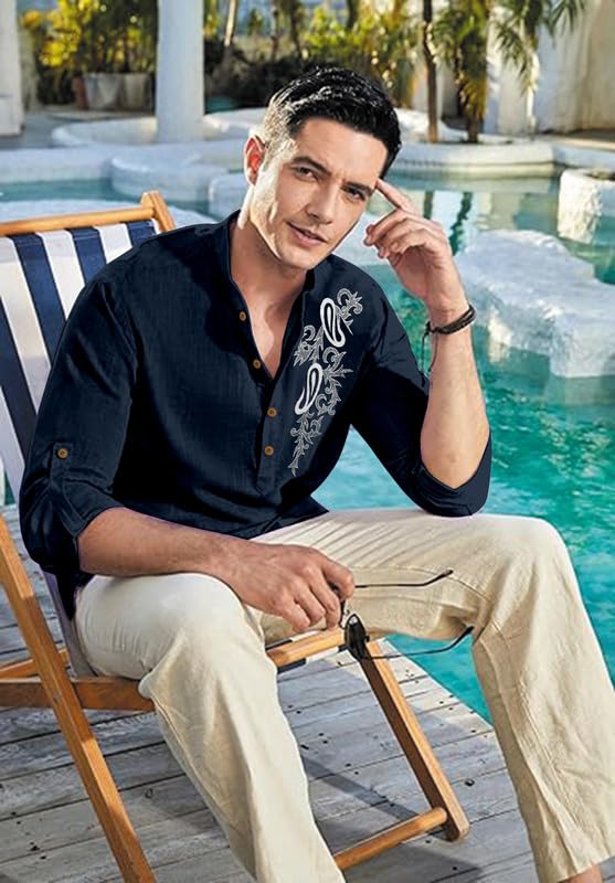 Image of Men's Printed Cotton Blend Short Kurta | Regular Fit Casual Kurta Shirt for Men with Mandarin Collar | Ethnic