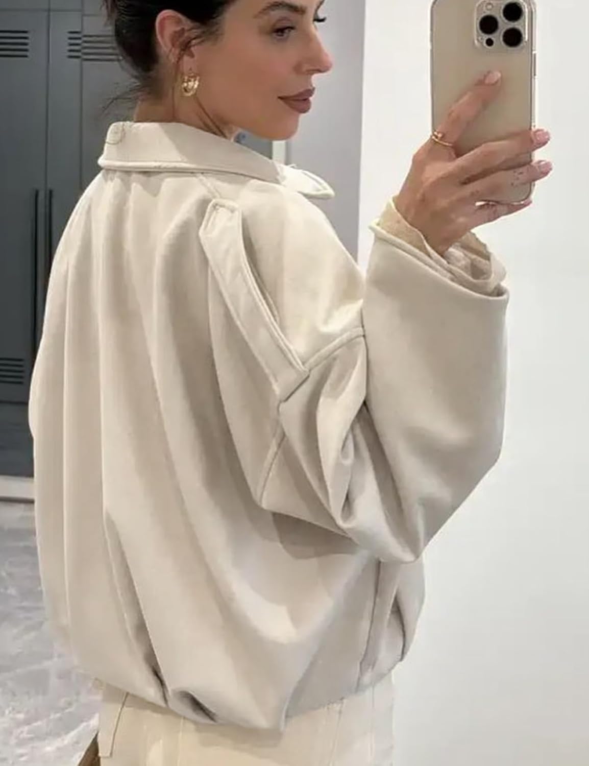 Kissonic Womens Faux Suede Bomber Jacket Oversized Batwing Long Sleeve Zip Up Cropped Coat Streetwear(Beige-L) - Image 6