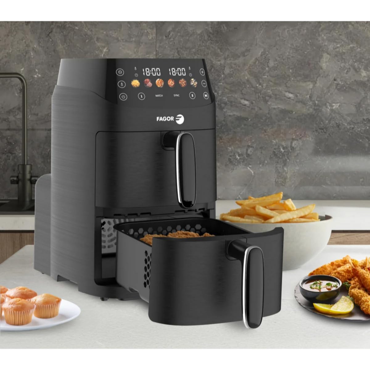 FAGOR - Freidora de Aire Caliente Air Fryer Doble Cesta - 2000W - Negro - Capacidad 5L = 2 * 2,5L - Temporizador 60 min - Control de temperatura: 80°– 200° - Mango aislante del calor - 6 programas