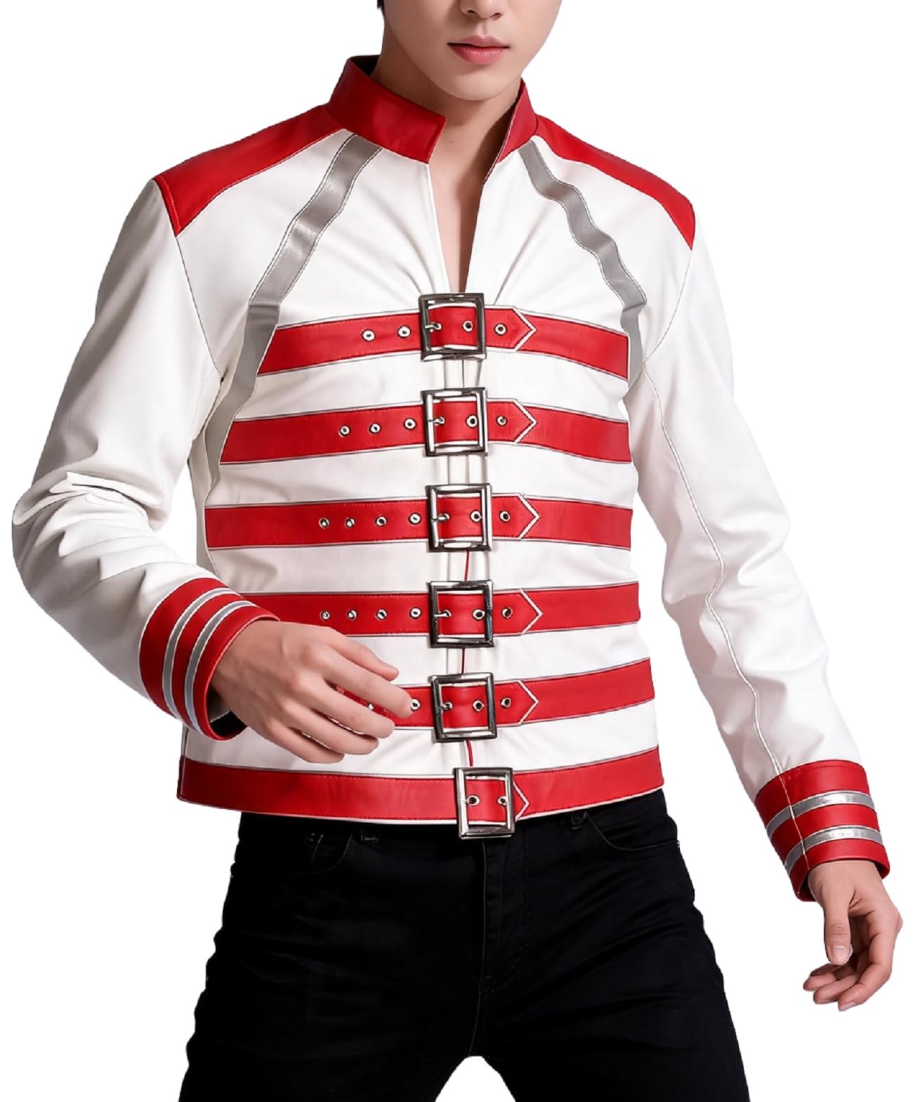 Chaqueta de motociclista de cuero inspirada en cantantes de rock famosa para hombre, disfraz de cosplay estilo concierto de rock de los años 80