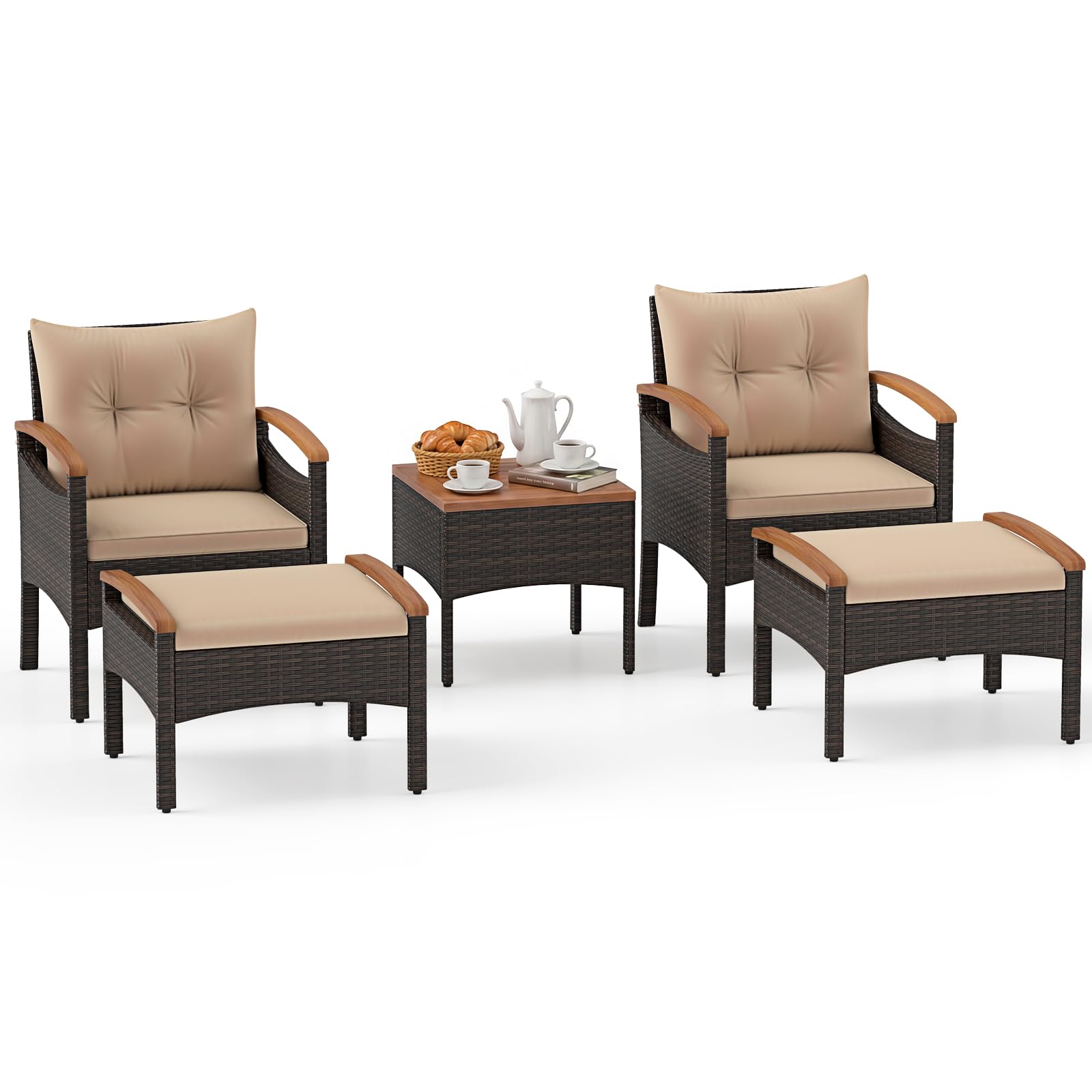 COSTWAY Set Salotto da Giardino in Rattan da 5 Pezzi con 2 Ottomane Marrone