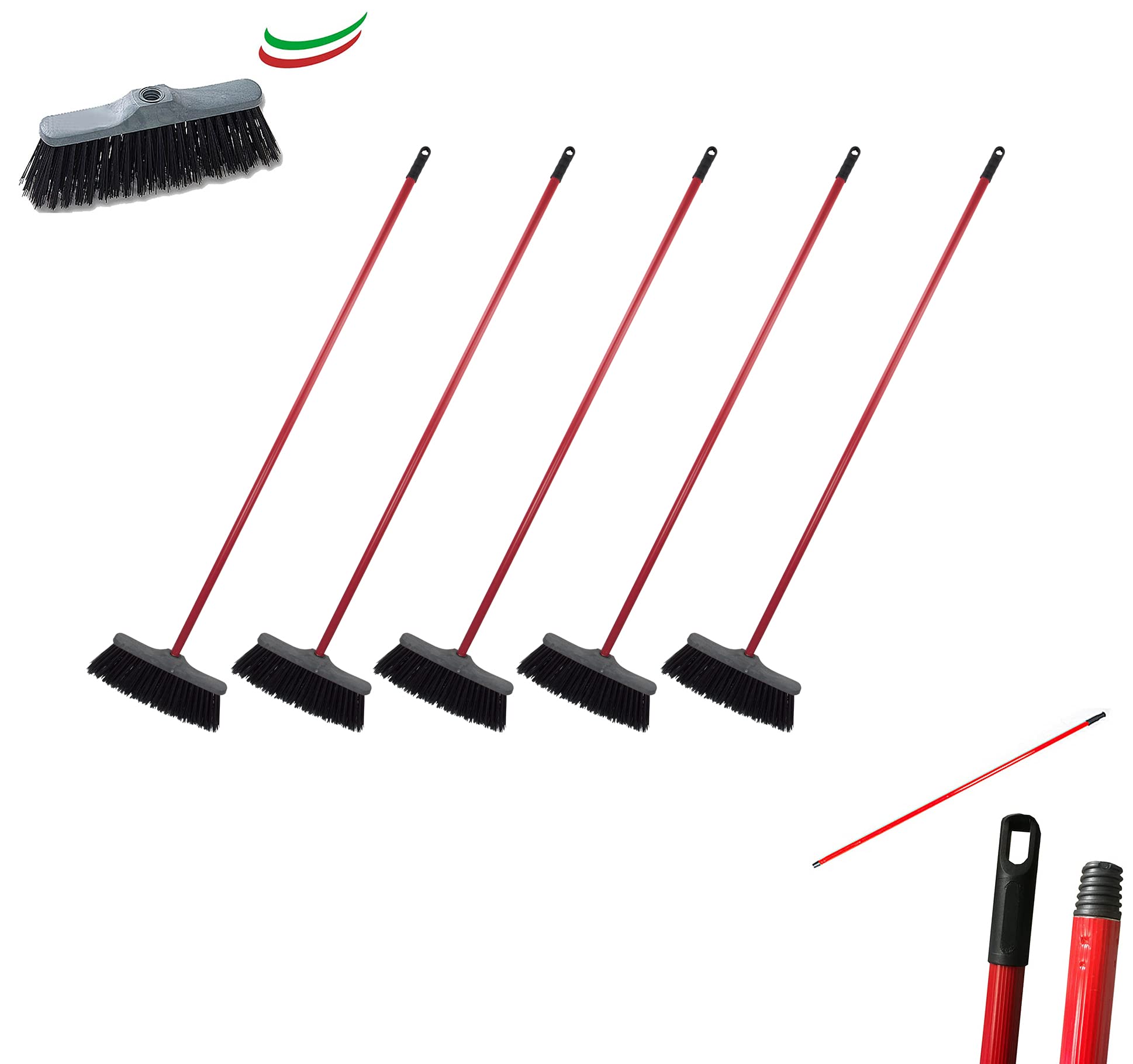 Set 5 Scope da Esterno Industriale o Giardino con Setole Rigide Dure Incluso Manico in Metallo