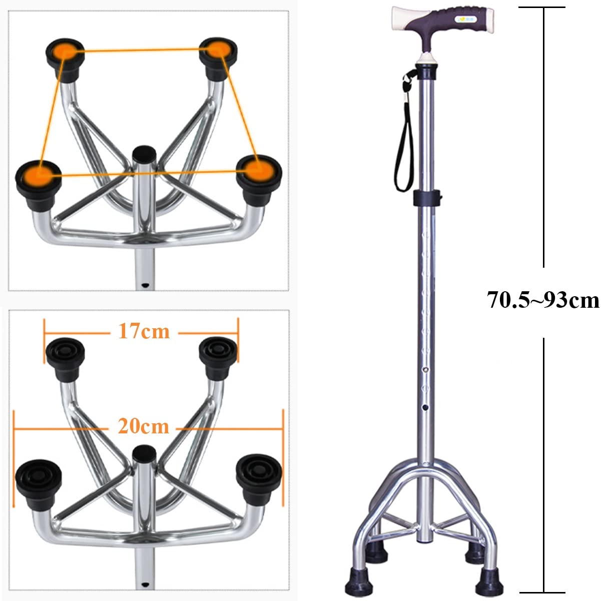 Quadripode Bastone da Passeggio Bastone Telescopico Antiscivolo Sicurezza Bastoni da Passeggio Leggero Impugnatura Ergonomica for Anziani Disabili (Color : Gold)
