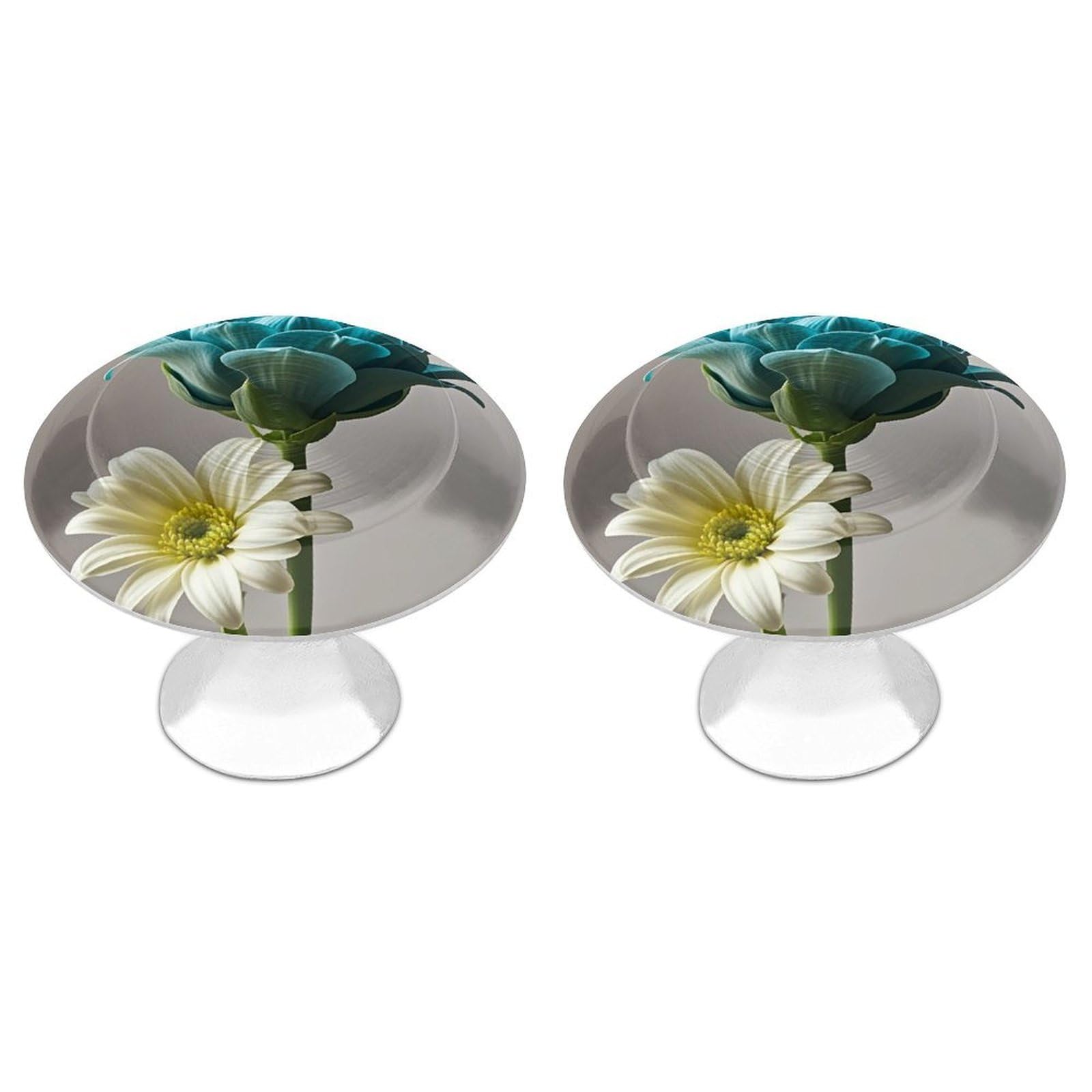 FekiLoot Teal and Flower Cabinet Knobs 2 Pack Stainless Steel Round Dresser Drawer Knobs Kitchen Drawer Hardware Dresser Knob Closet Door Pulls Cabinet Handles for Cupboard Drawer Pulls