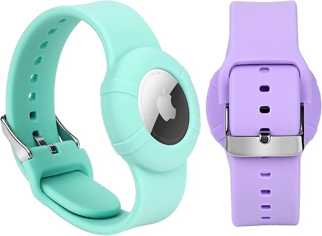 2 Pack Airtag Wristband Compatible with Apple AirTag,Soft Adjustable Airtag Bracelet, Airtag Watch Band for Kids Toddler Baby Children Elders (Purple&Mint Green)