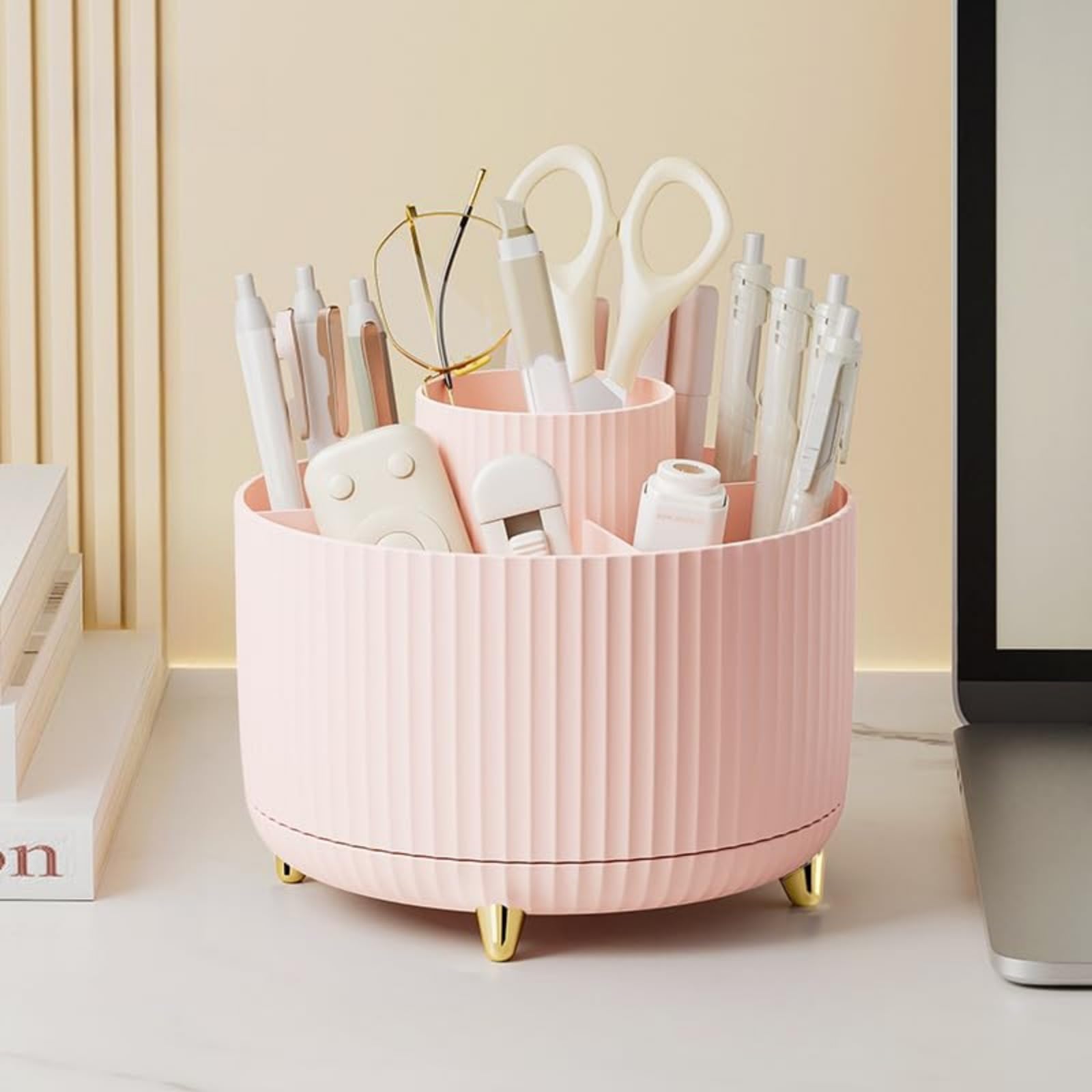 Guakk Pink 360° Rotating Desk Organiser - 5-Slot Pen Holder & Cosmetic Brush Storage, Plastic Desktop Tidy Accessories For Office/School/Home (Pink)