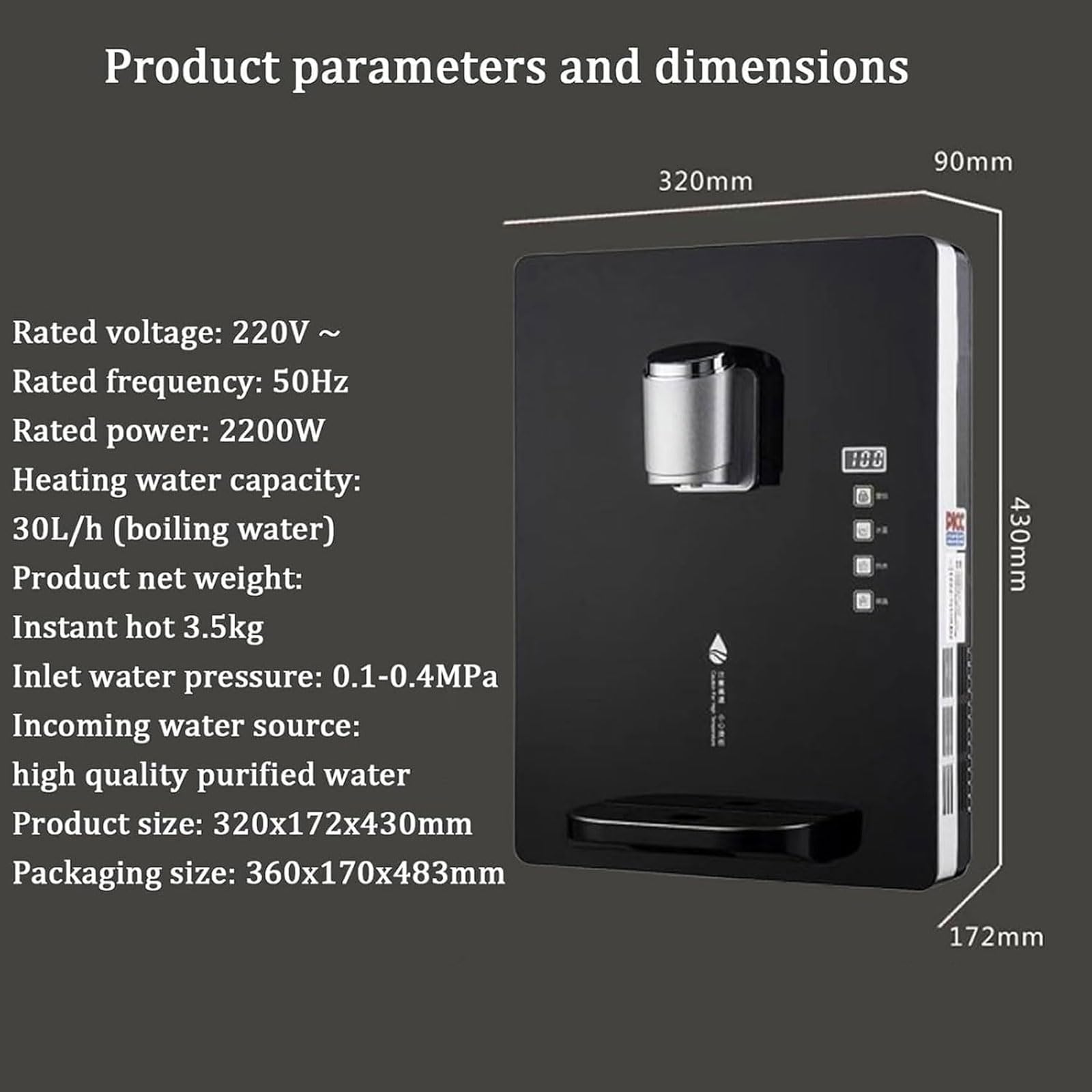 Dispensador de agua eléctrico de 2200 W, calentador de agua táctil inteligente de 30 l/h con bloqueo infantil, calentamiento rápido 3S, suministro continuo para uso doméstico y de oficina