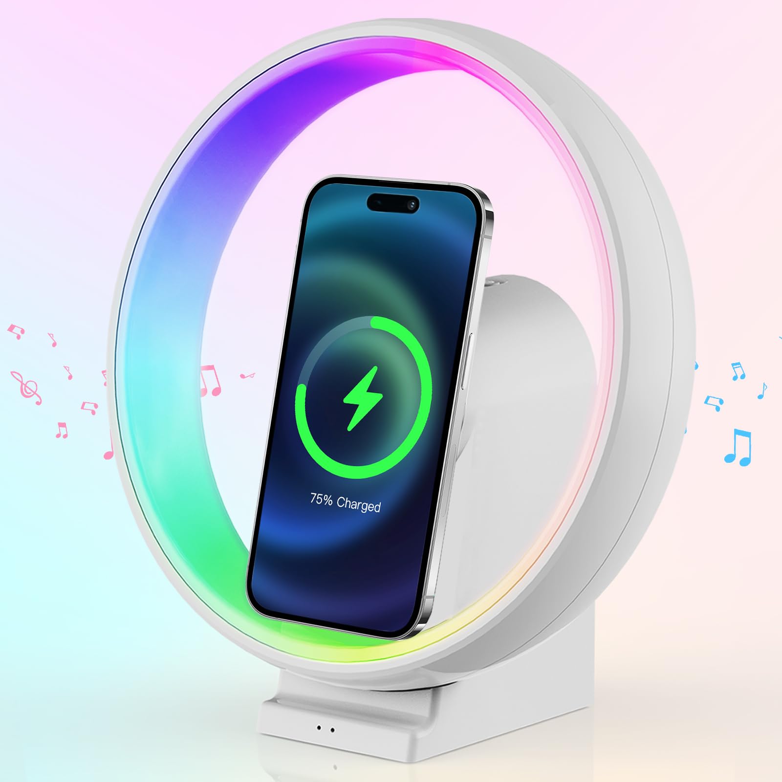 Wireless Bluetooth Speaker with RGB Light, Skywheel 15W Wireless Charger Ambient Lamp & Phone Holder, Bedside Night Light for Bedroom, Gift for Teen Kids (Battery Included)