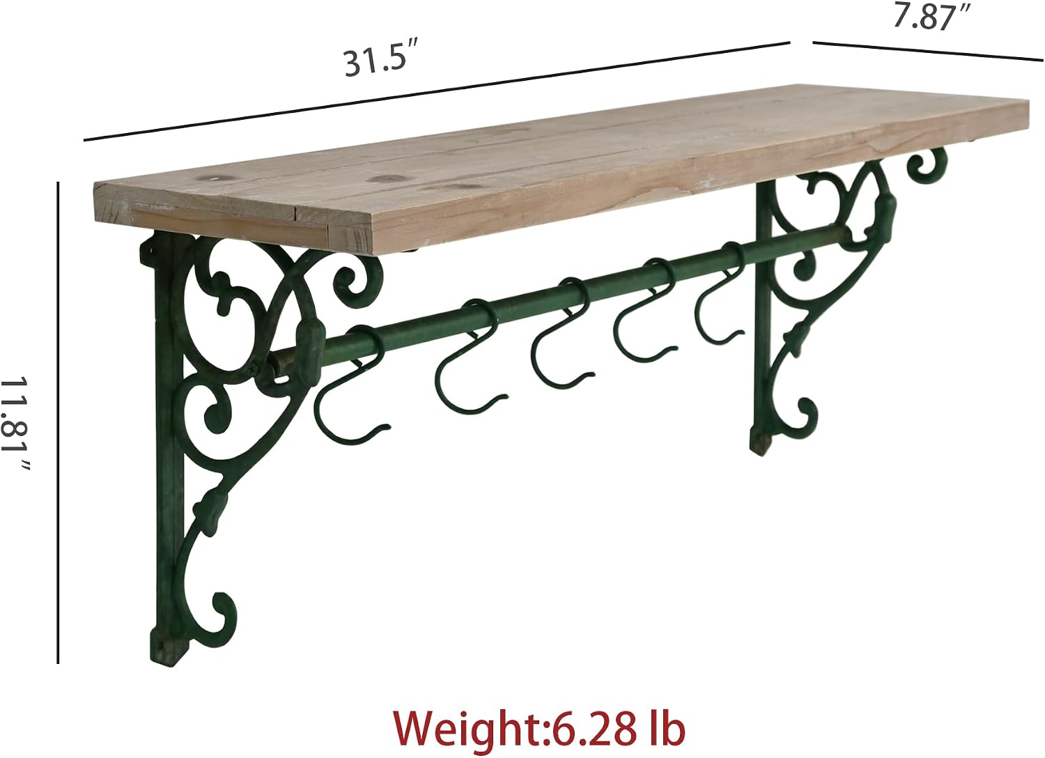 31.5" Long Metal Wall Mounted Coat Rack with Wooden Shelf, Rustic Farmhouse Large Wood Shelf with 5 Heavy Duty Hooks, Vintage Decorative & Sturdy Wall Organizer for Entryway, Mudroom, Garden, Kitchen