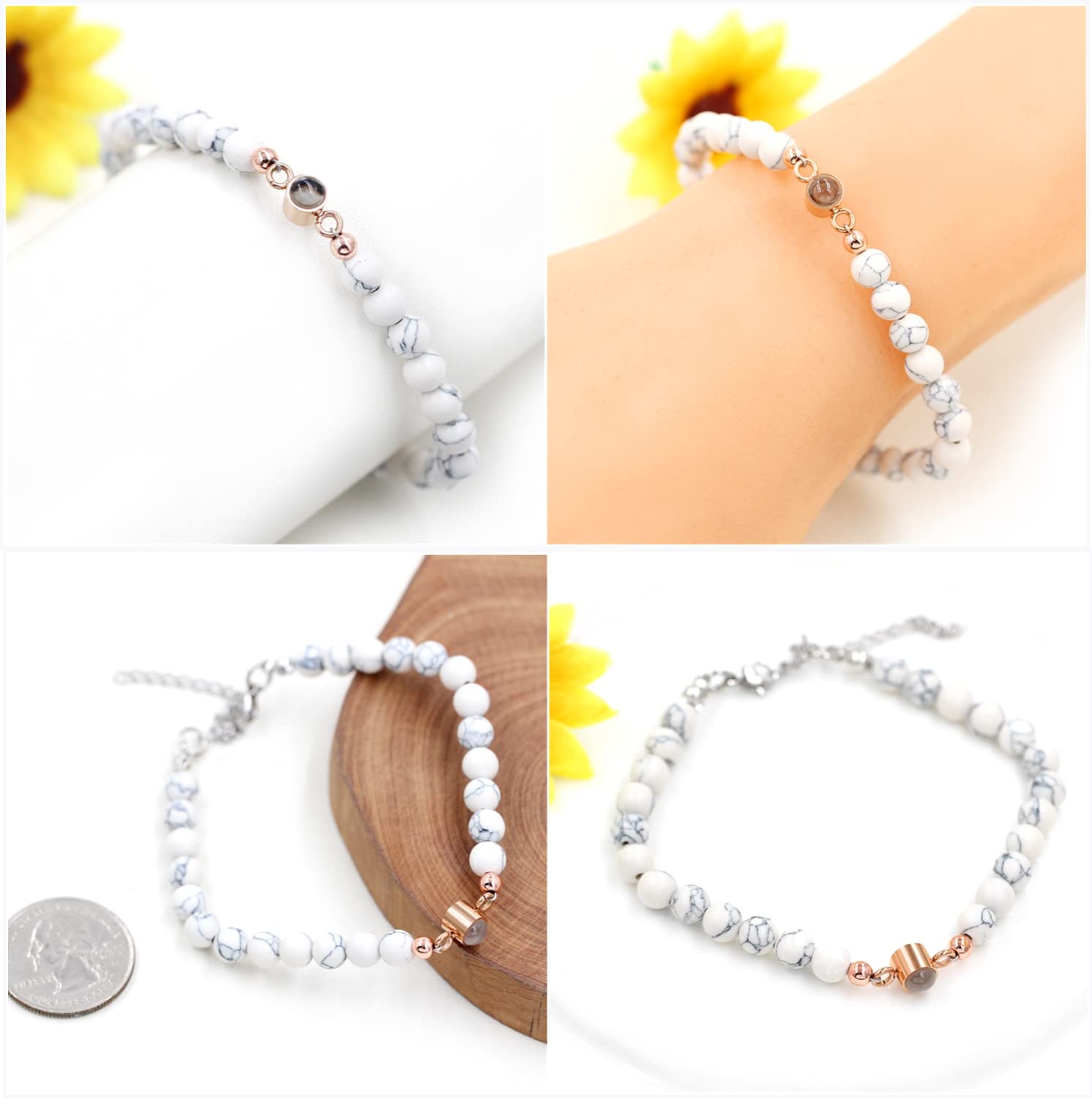 MOCHAMIK Te Amo Pulseras en 100 Idiomas Regalos para Parejas a Juego - Juego de Pulseras con Cuentas de ónix Negro y Turquesa Blanca de 6 mm para Novio y Novia