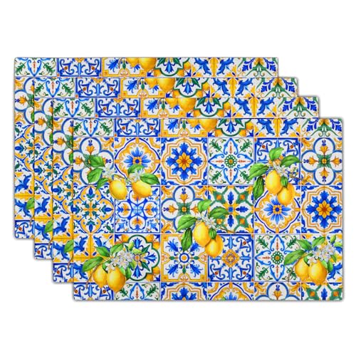 Granbey Lemon Placemats - Teal Place Mats Set of 4 Blue Yellow Boho Floral Lemons Table Mats for Kitchen Home Decor Dining Table