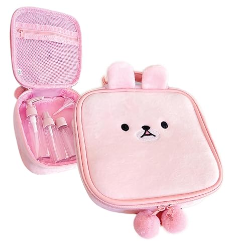 na1 Cute Kawaii Plush Makeup/Cosmetic Bag With Inner Pocket and Handle and Zipper Closure for Convenient Travel and Portability, Soft Velvet Texture, For Women and Girls (Pink Bunny) - Pink Bunny