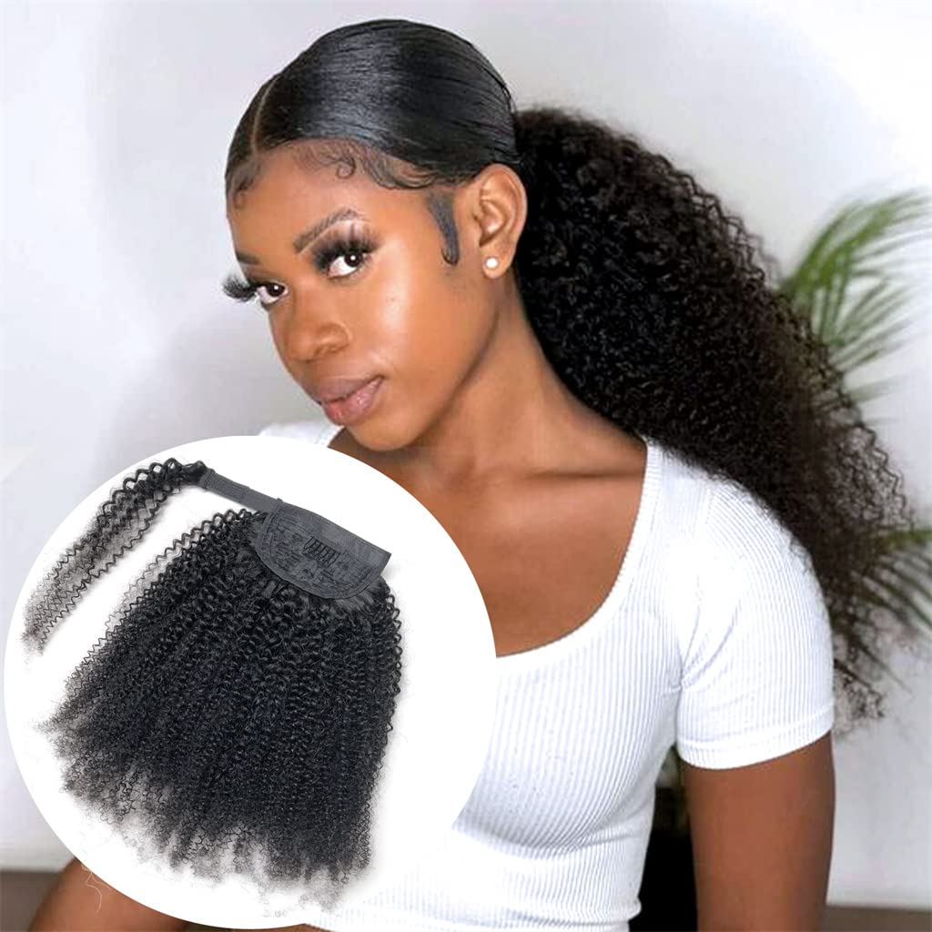 Ponytail Hair Extension 14" Real Human Hair Ponytail Wrap Around Clip in Ponytail Hair Natural Curly for Afro-American