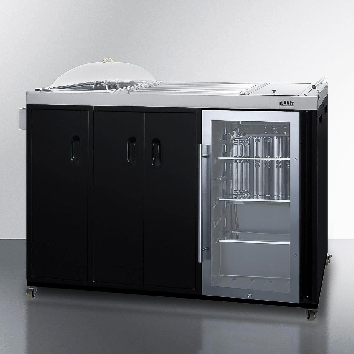 Summit CARTOS54LG Portable Outdoor Kitchenette Bar Cart Beverage Center, Built-in Refrigerator, Sink, and Faucet, Comes with Cutting Board and Sink Drain Container (RHD)