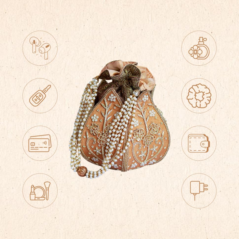 Image of THE TAN CLAN Pushp Zardozi Embroidered Mini Lotus Potli Bag - Handcrafted Silk Pouch with Intricate Zardozi & Lotus Design for Weddings, Bridal Accessories, and Special Occasions