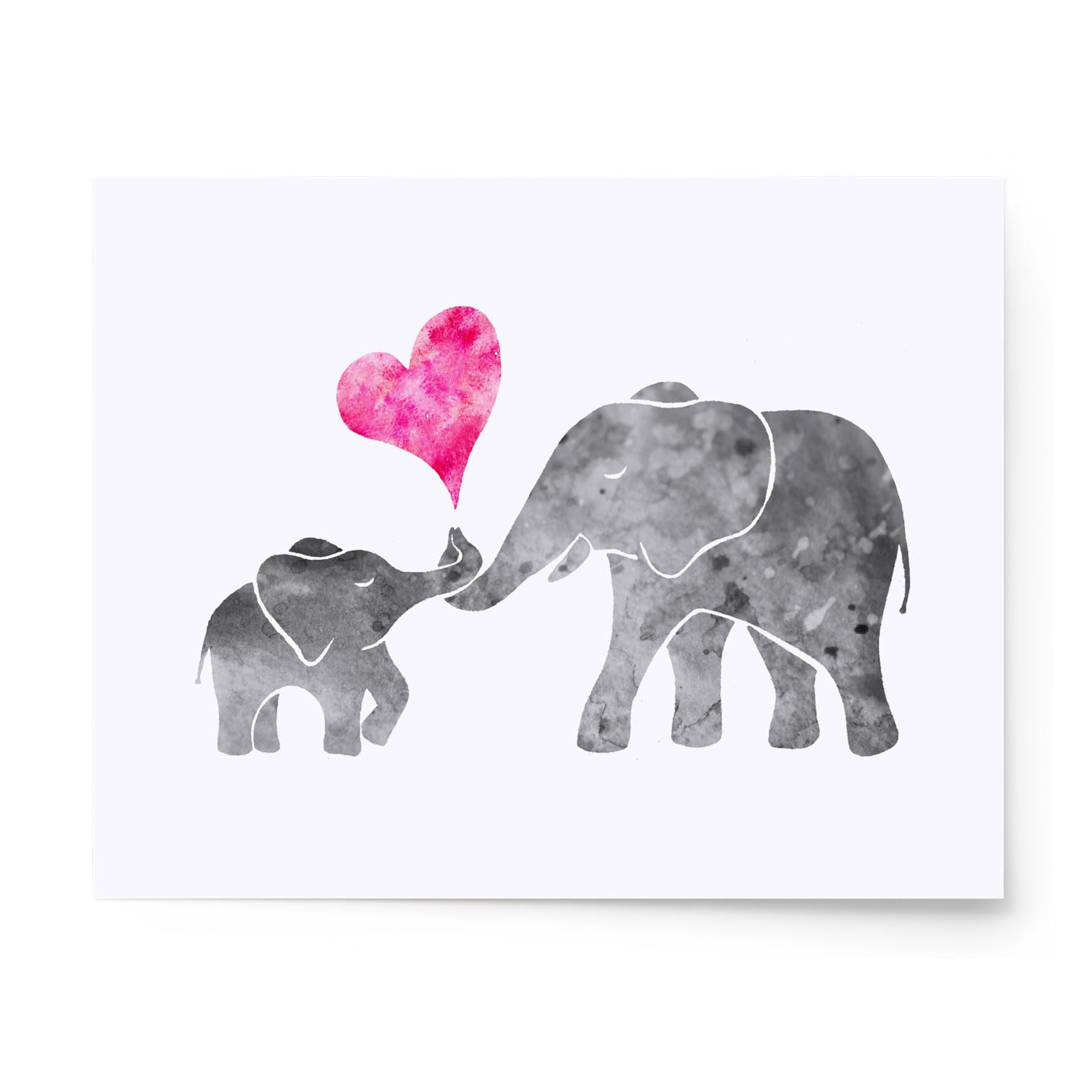 ZLKAPT Watercolor Grey Baby Elephant with Mom Art Print Painting Wall Art Pink Love Heart Cute Picture Kids Room Decor Nursery 8x10 Inches No Frame