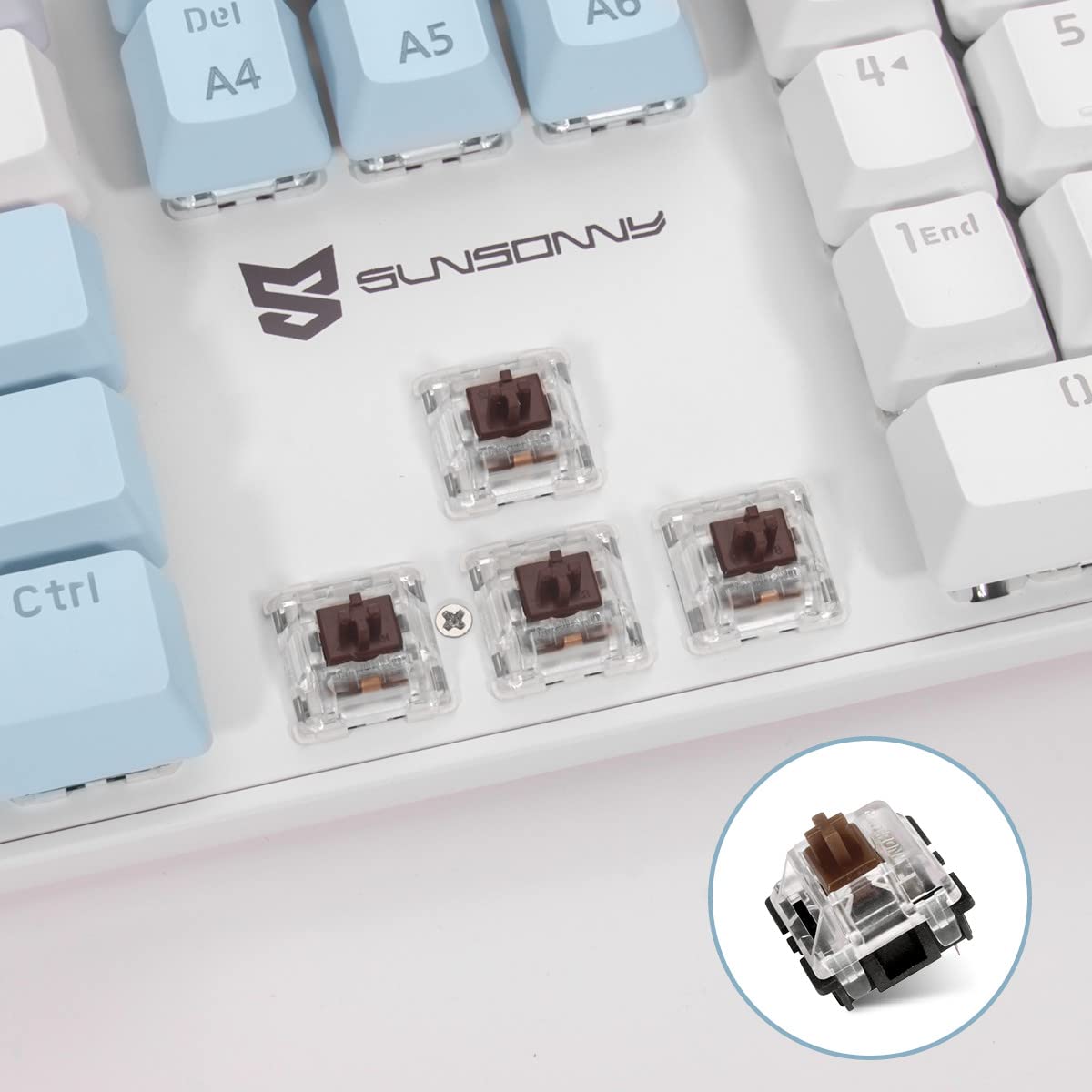 Qisan Teclado mecánico para juegos, teclado con cable LED retroiluminado, azul y blanco, 104 teclas, diseño americano, teclado para juegos con extraíble, interruptor marrón