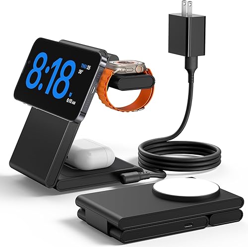 FACBINY Estación de carga inalámbrica plegable magnética 3 en 1 para múltiples dispositivos Apple con adaptador de 20 W, soporte de cargador Magsafe